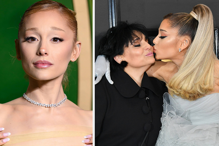 Two images: On the left, a woman with a diamond necklace. On the right, she kisses another woman, wearing a tulle gown with gloves