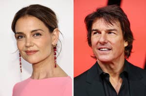 Two celebrities at an event. The woman wears elegant earrings and a sleek dress. The man is in a classic suit