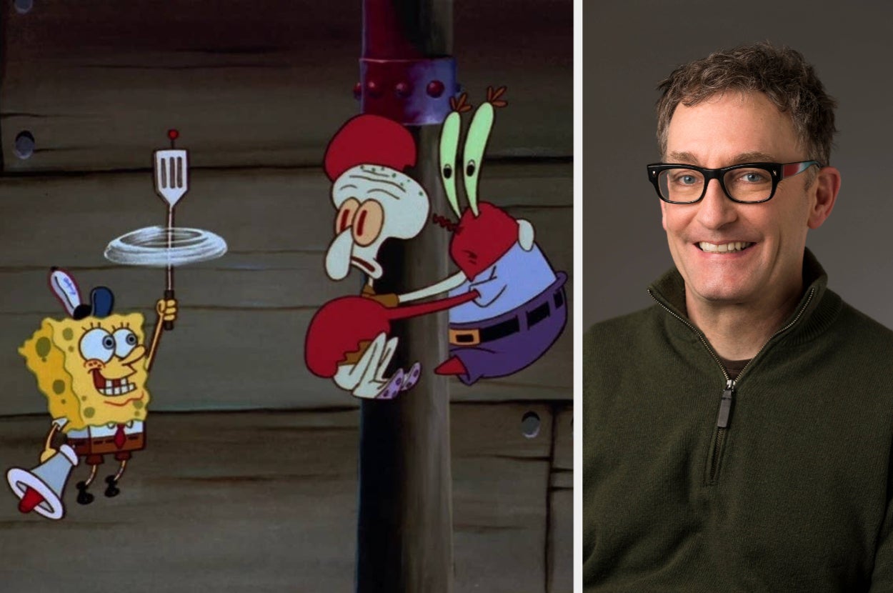 SpongeBob SquarePants cheerfully flips a burger alongside surprised Mr. Krabs and Squidward; portrait of a smiling man next to the animated scene