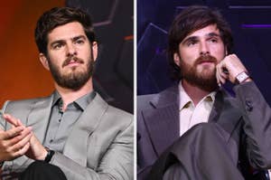 Two men sit in a formal setting, each wearing a stylish suit and sporting a beard. They appear engaged, possibly during an interview or panel discussion