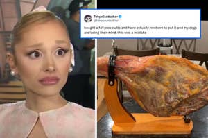 A surprised person next to a tweet about buying a prosciutto with no place to put it, alongside an image of a large prosciutto on a stand