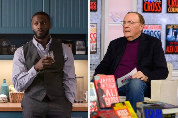 Two images: Left, a man in a vest holding a drink. Right, a man in a casual sweater sitting among books, speaking or being interviewed