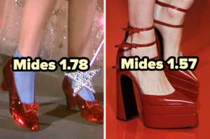 Comparación de dos pares de zapatos de tacón rojo: uno con guates azules y estrella brillante, el otro de plataforma. Texto: "Mides 1.78" y "Mides 1.57"