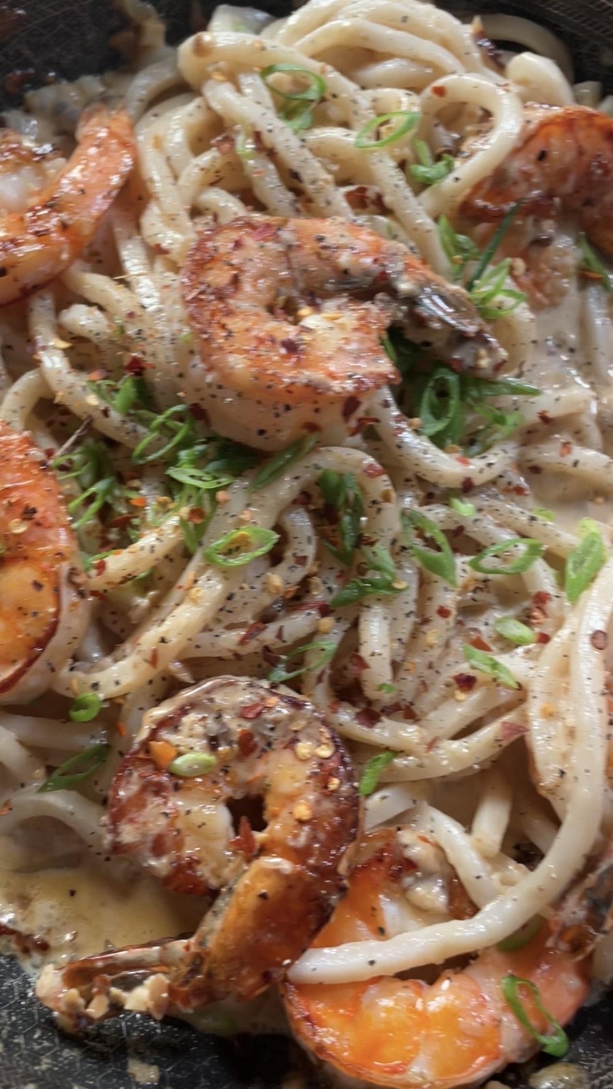A close-up of creamy pasta topped with shrimp, garnished with chopped green onions and black pepper
