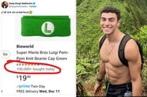 Image shows a tweet featuring a screenshot of a Luigi hat sale with over 100,000 bought, alongside a photo of a smiling, muscular man outdoors