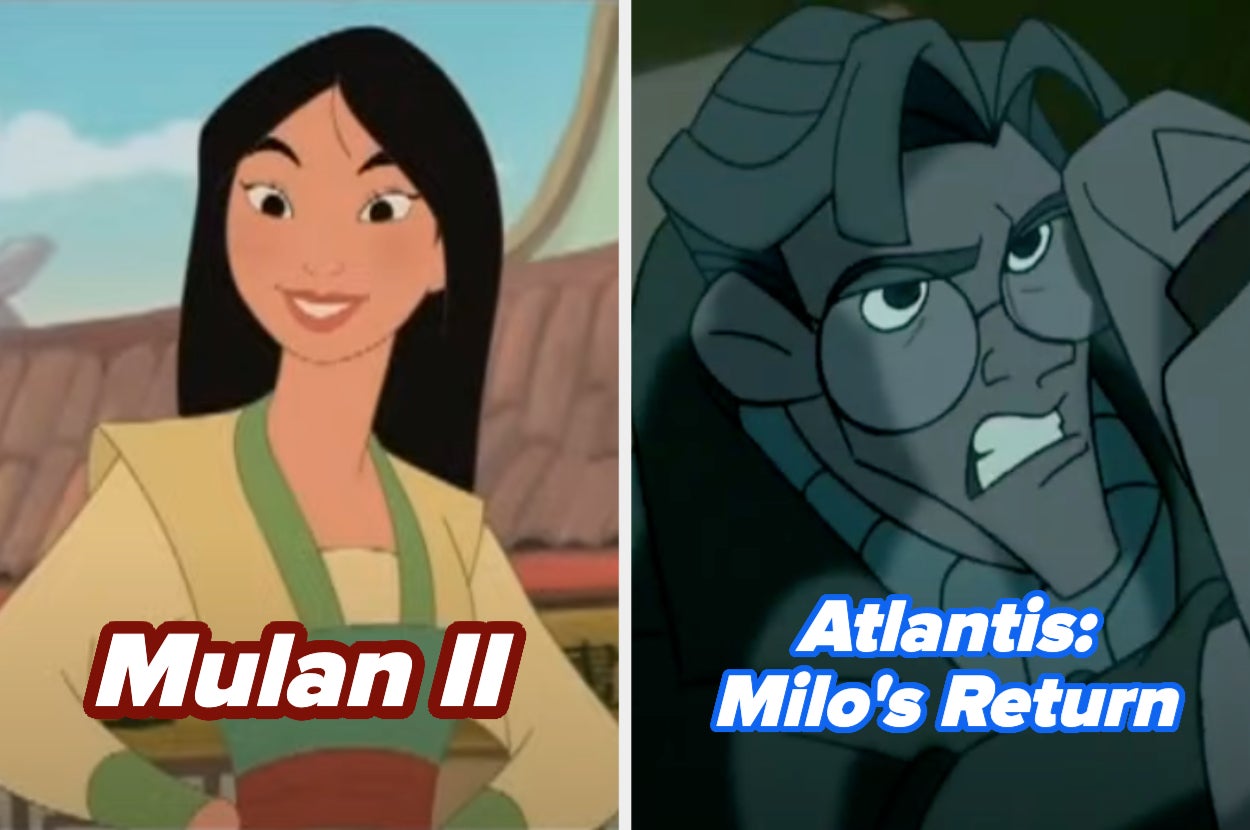 Split image: "Mulan II" character smiling on the left, "Atlantis: Milo's Return" character looking surprised on the right