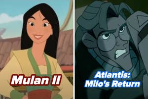 Split image: "Mulan II" character smiling on the left, "Atlantis: Milo's Return" character looking surprised on the right