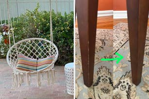 left: two hanging macrame chairs // right: before and after using wood markers