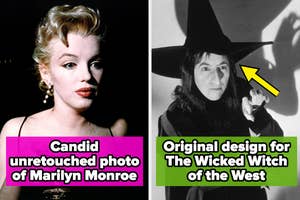 Split image: On the left, a candid photo of Marilyn Monroe; on the right, a concept image for the Wicked Witch of the West with a pointed hat