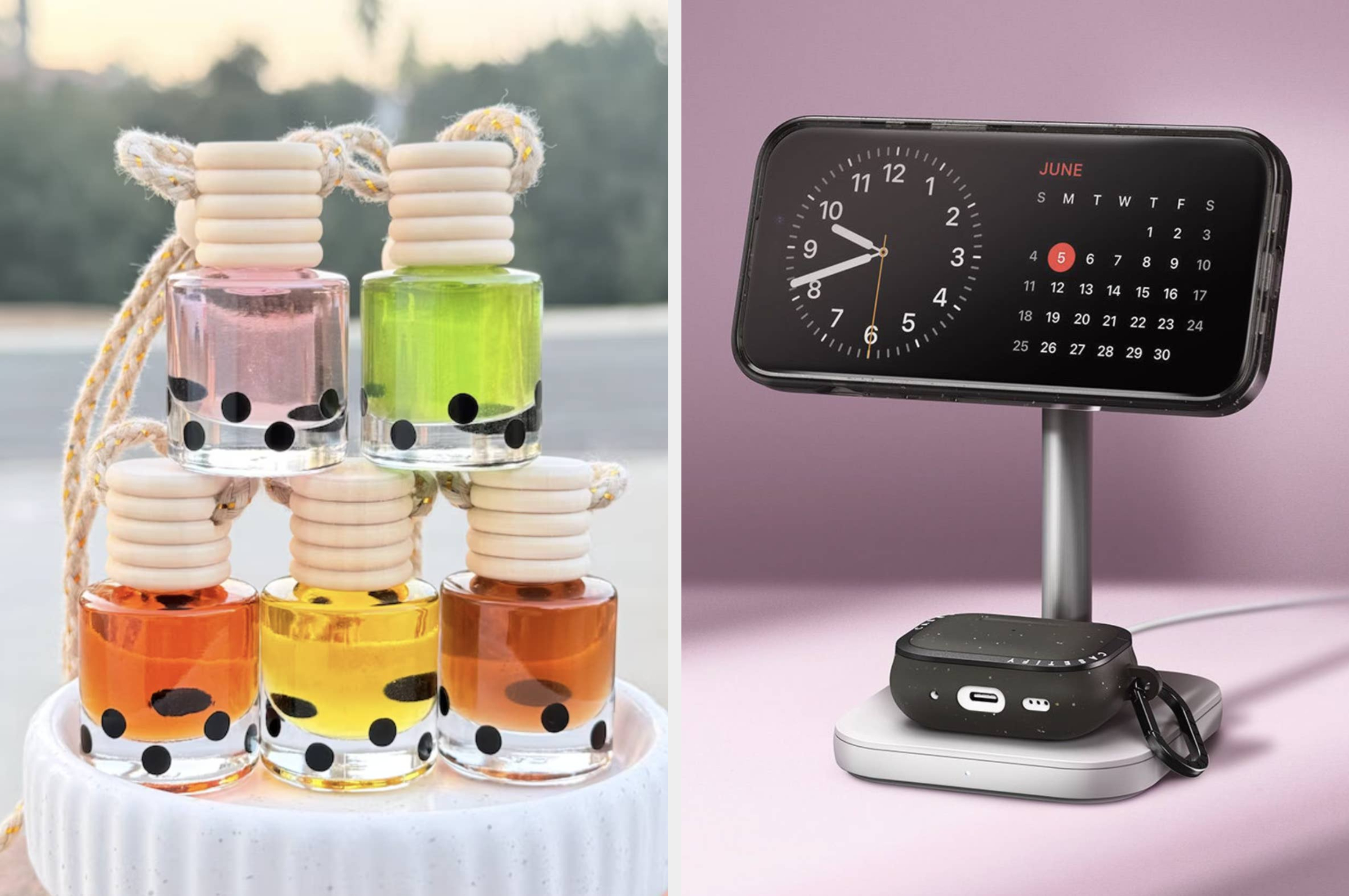 A display of nail polish bottles and a modern tech gadget with a smartphone stand and clock, highlighting trendy shopping items