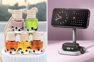 A display of nail polish bottles and a modern tech gadget with a smartphone stand and clock, highlighting trendy shopping items