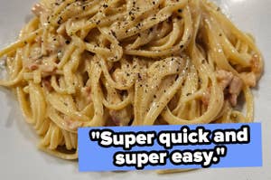 A plate of creamy pasta sprinkled with black pepper, accompanied by bold text reading, "Super quick and super easy."