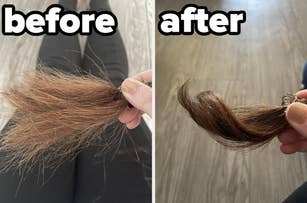 A "before" and "after" comparison of hair treatment. Left: dry, frizzy hair. Right: smooth, healthy-looking hair