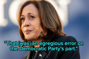 A person gives a contemplative look; the text reads: "That [was] an egregious error on the Democratic Party’s part."