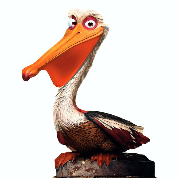 Animated pelican with a long beak and wide eyes sits on a wooden post, featured in an Internet Finds article