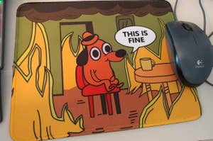 Cartoon dog sits in a burning room on a mouse pad, saying, "This is fine," next to a computer mouse. Humorous merchandise for sale