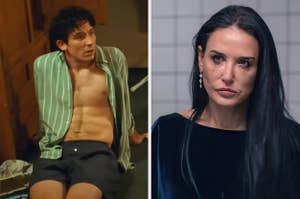 Two people appear in separate scenes: one sits shirtless, leaning against a wall; the other looks serious, wearing a dark outfit with teardrop makeup