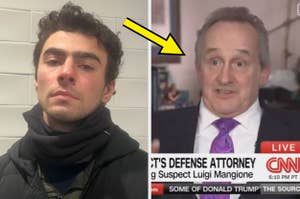 Two images: left shows a man wearing a scarf, right shows a news broadcast with a man's face, labeled "CNN." Yellow arrow points from left to right