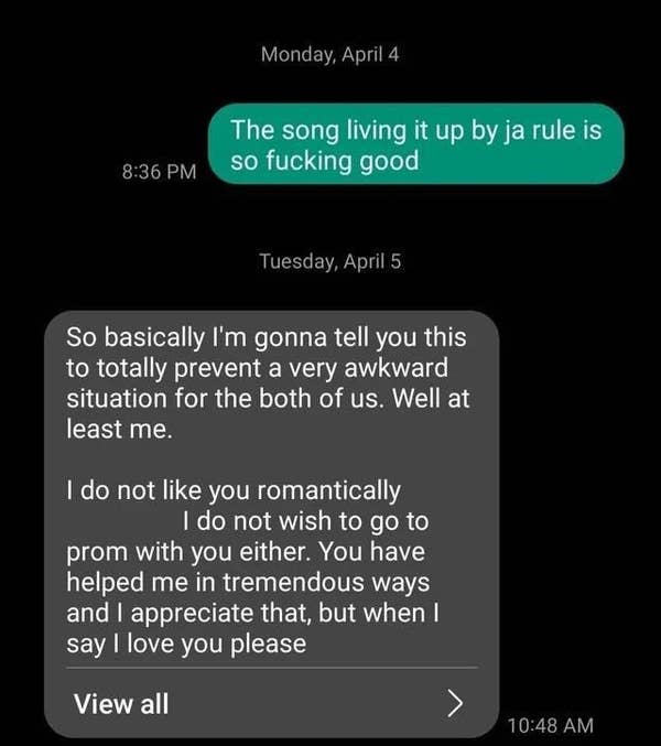 Text conversation with someone expressing they do not have romantic feelings and declining an invitation to prom