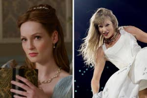 Left: Woman in period dress holding a book. Right: Woman performing in a white gown on stage, smiling energetically
