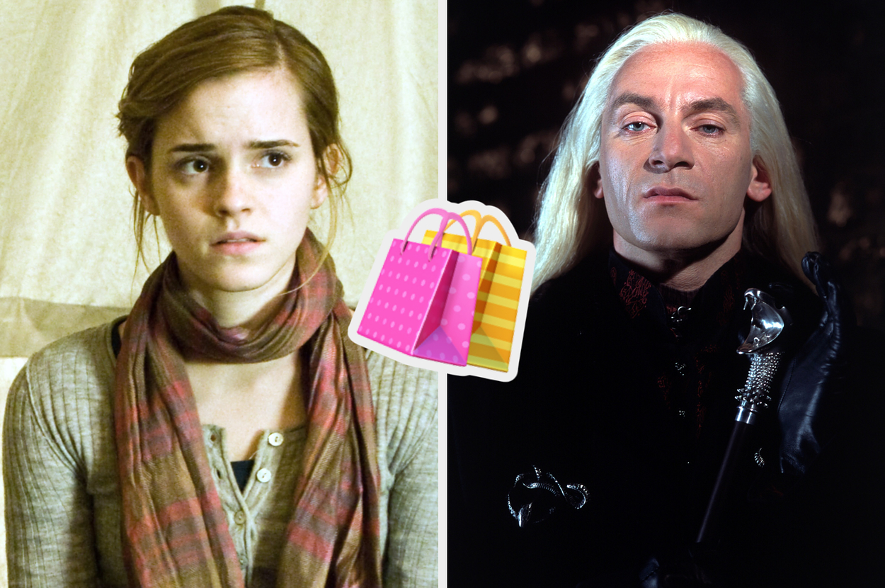 Hermione wears a casual top and scarf, looking concerned. Lucius is serious, in formal attire, holding a cane. Shopping bags emoji