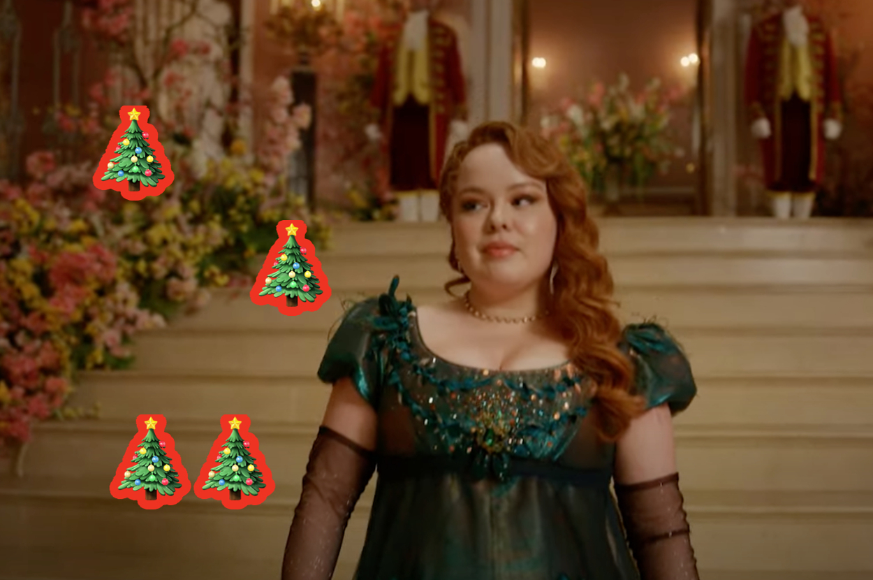 Person in a regal gown on elegant stairs with floral decor and holiday-themed graphics