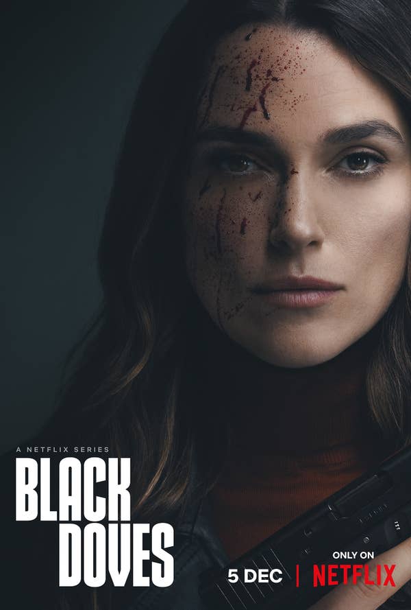 Woman with blood on her face, looking serious, promoting &quot;Black Doves&quot; series premiering on Netflix on December 5th