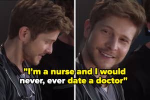 Smiling person with a stethoscope; text reads, "I'm a nurse and I would never, ever date a doctor."