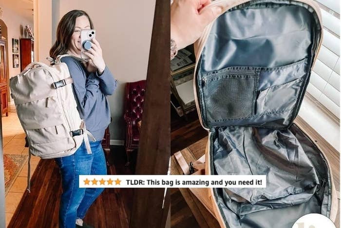 Reviewer wearing a backpack, smiling at a mirror. Bag open showing interior pockets. Review states, "This bag is amazing and you need it!"