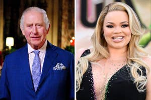 Man in a blue suit and patterned tie alongside a woman with long hair in a glamorous dress with a deep neckline and sparkling accents