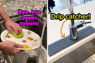 Model using Swedish dishcloth; drip catching on sink