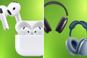 Two pairs of wireless headphones: AirPods in an open case and over-ear headphones side by side, displayed on a green background