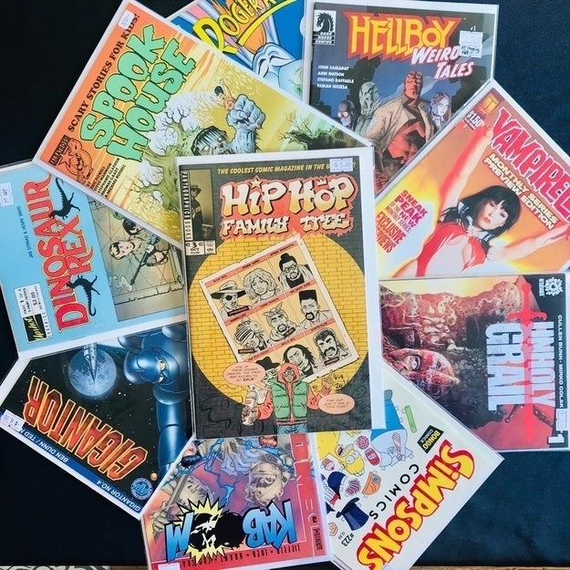 A collection of various comic book covers, including "Hip Hop Family Tree" and "Hellboy," arranged in a circular layout, suitable for collectors