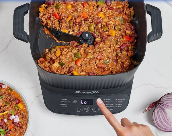 the self-stirring multi-cooker shown from above stirring a pot of chili