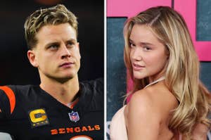 Two people side by side; one in a sports jersey with a football patch and the other wearing an elegant, off-shoulder outfit