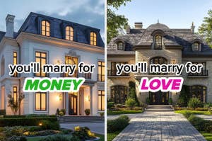 Split image: Left, a mansion labeled "you'll marry for money;" Right, a mansion labeled "you'll marry for love."