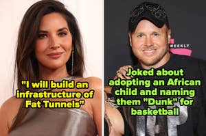 Olivia Munn captioned: "I will build an infrastructure of Fat Tunnels" and Spencer Pratt captioned "joked about adopting an African child and naming him 'Dunk' for basketball"