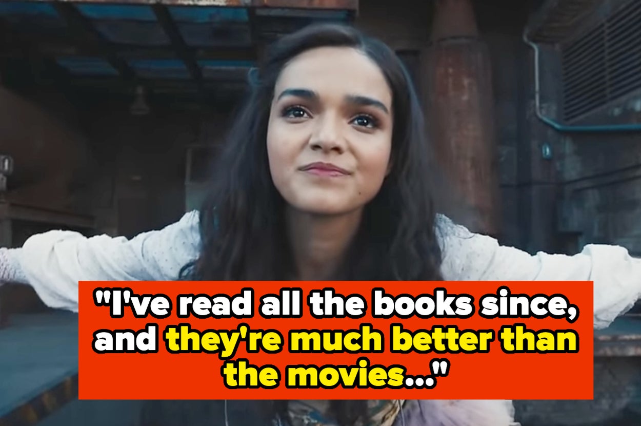 Person with outstretched arms in an industrial setting, text overlaid: "I've read all the books since, and they're much better than the movies..."
