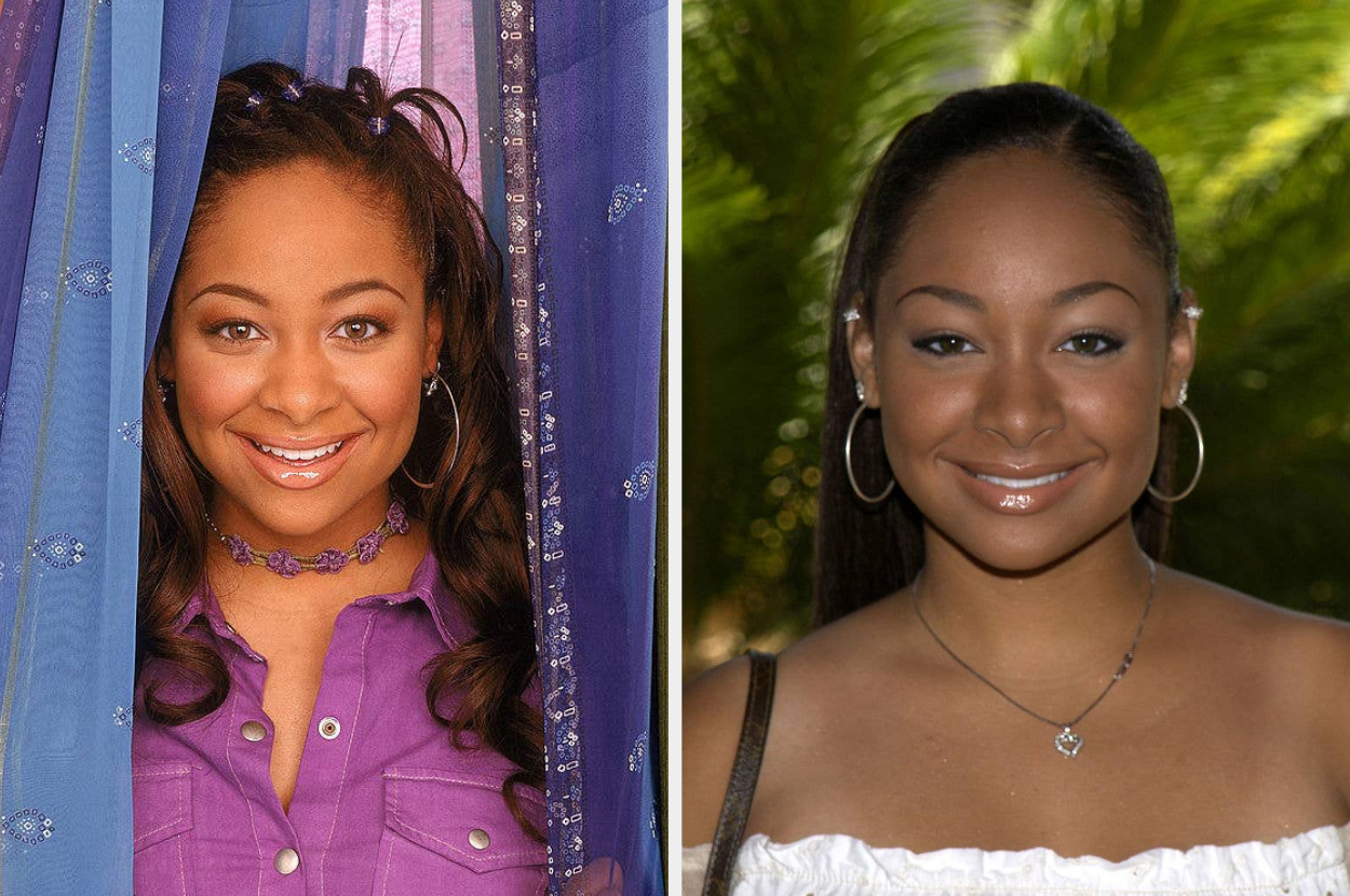 Two side-by-side images of a smiling woman. Left: casual top with purple floral accents. Right: white off-shoulder top, hoop earrings