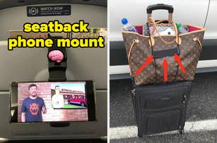 Left: Airplane seatback with phone mount showing video. Right: Large designer tote on suitcase with essentials