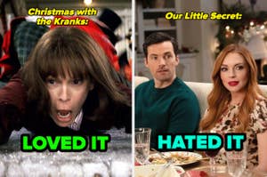 Split image: Left shows excited woman on ice, text "Christmas with the Kranks: Loved It." Right shows couple at dinner, text "Our Little Secret: Hated It."