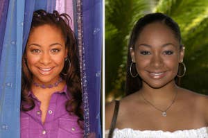 Two side-by-side images of a smiling woman. Left: casual top with purple floral accents. Right: white off-shoulder top, hoop earrings
