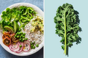 On the left, a buddha bowl with rice and veggies, and on the right, a kale leaf