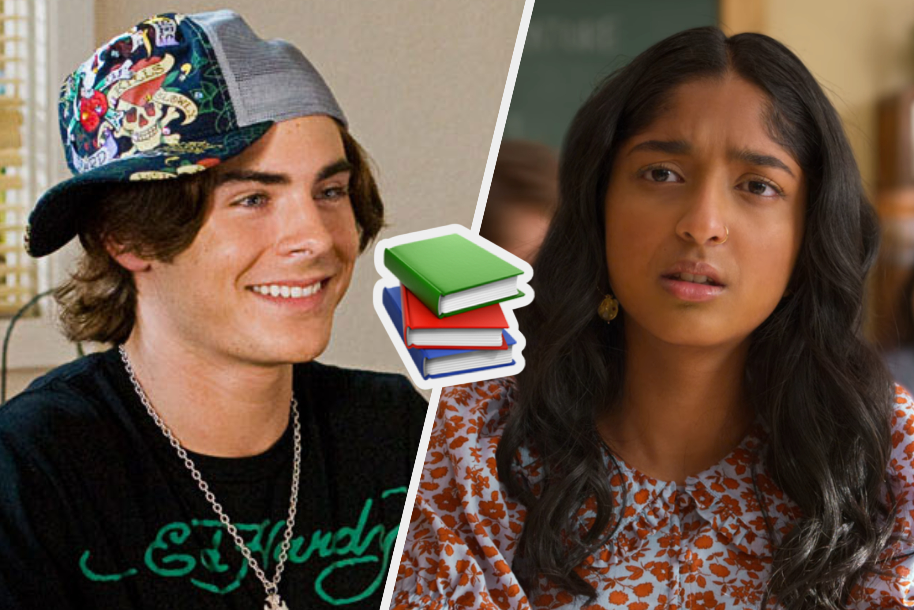 Two people: Zac Efron wearing a graphic cap sideways and Maitreyi Ramakrishnan in casual attire, both indoors, with a stack of book emojis between them