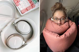 Headphones in a case beside a woman on a plane wearing headphones and a large neck pillow, demonstrating travel comfort