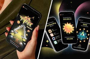 Split image of futuristic smartphone apps. Left: Arcade game theme. Right: Finance app showing top spending categories and amounts