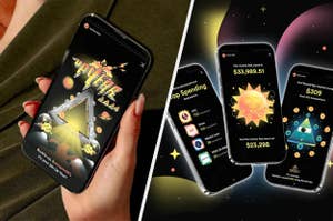 Split image of futuristic smartphone apps. Left: Arcade game theme. Right: Finance app showing top spending categories and amounts