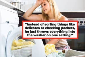 Woman frustrated by laundry, quote about not sorting clothes or checking pockets before washing