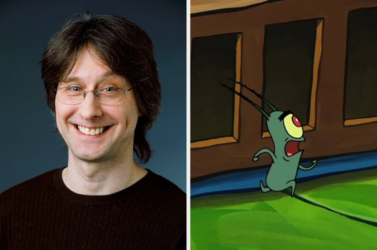 Smiling person with glasses next to an animated scene featuring a small, one-eyed character expressing surprise
