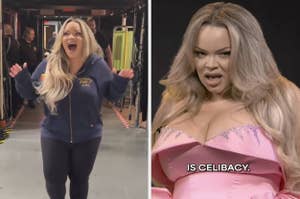 Left: Person excited backstage wearing casual hoodie and pants. Right: Same person performs on stage in a glamorous dress, caption reads "is celibacy."